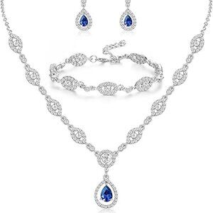 Women'S Blue Silver Rhinestone Crystal Teardrop Necklace Earrings Bracelet
